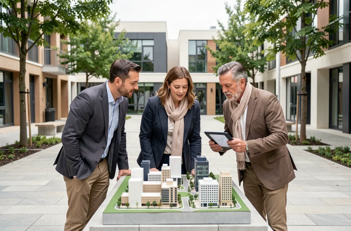 Équipe de professionnels discutant d'un projet d'implantation d'entreprise autour d'une maquette urbaine dans un campus d'innovation français