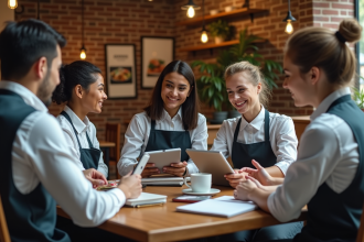 Groupe de staff de restaurant en réunion dans un bistro