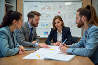 Groupe de professionnels en réunion de travail dans un bureau moderne