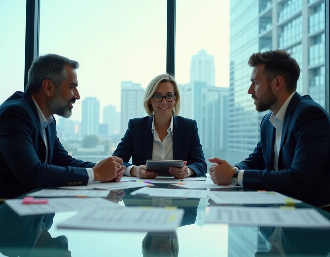Équipe de professionnels en réunion de travail autour des nouvelles réglementations CNPAS 2026 en salle de conférence