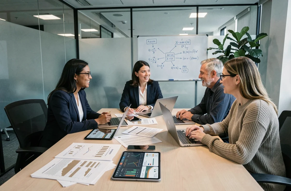 Équipe de professionnels en réunion autour de rapports de trésorerie et de tableaux de bord financiers numériques