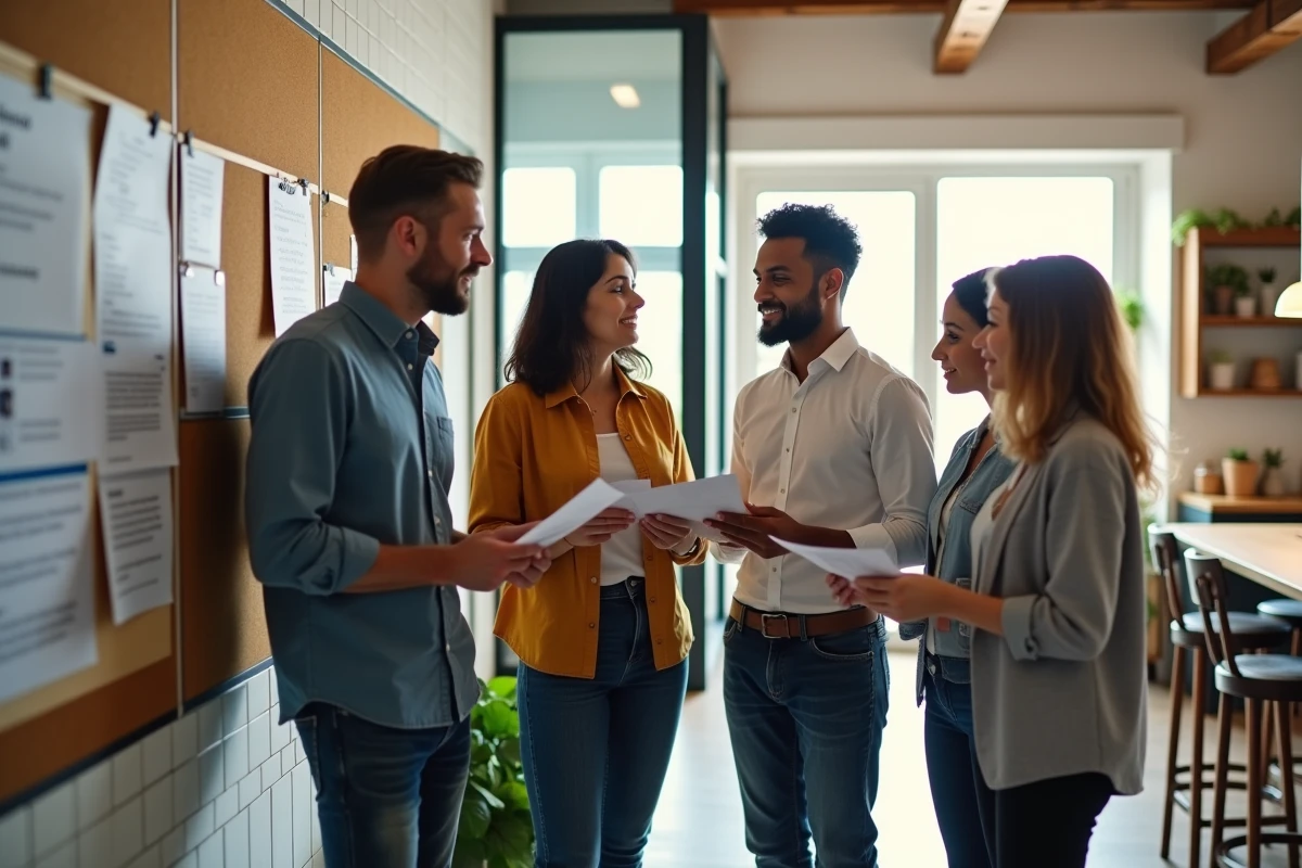 Équipe de salariés lisant une note d'information sur le congé d'été obligatoire affichée dans la salle de pause d'une entreprise