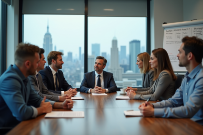 Groupe de professionnels en réunion stratégie au bureau