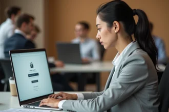 Femme professionnelle face à une erreur de connexion sur son ordinateur portable au bureau