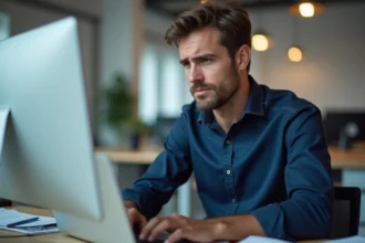 Un homme en chemise bleue face à une erreur de connexion sur son ordinateur portable dans un bureau d'entreprise postale