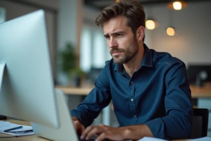 Un homme en chemise bleue face à une erreur de connexion sur son ordinateur portable dans un bureau d'entreprise postale