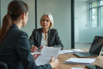 Responsable RH et consultant d'une agence de staffing compliance examinant des documents contractuels dans un bureau moderne