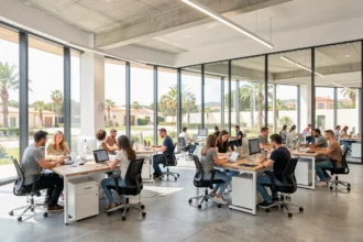 Espace de coworking lumineux avec postes de travail partagés