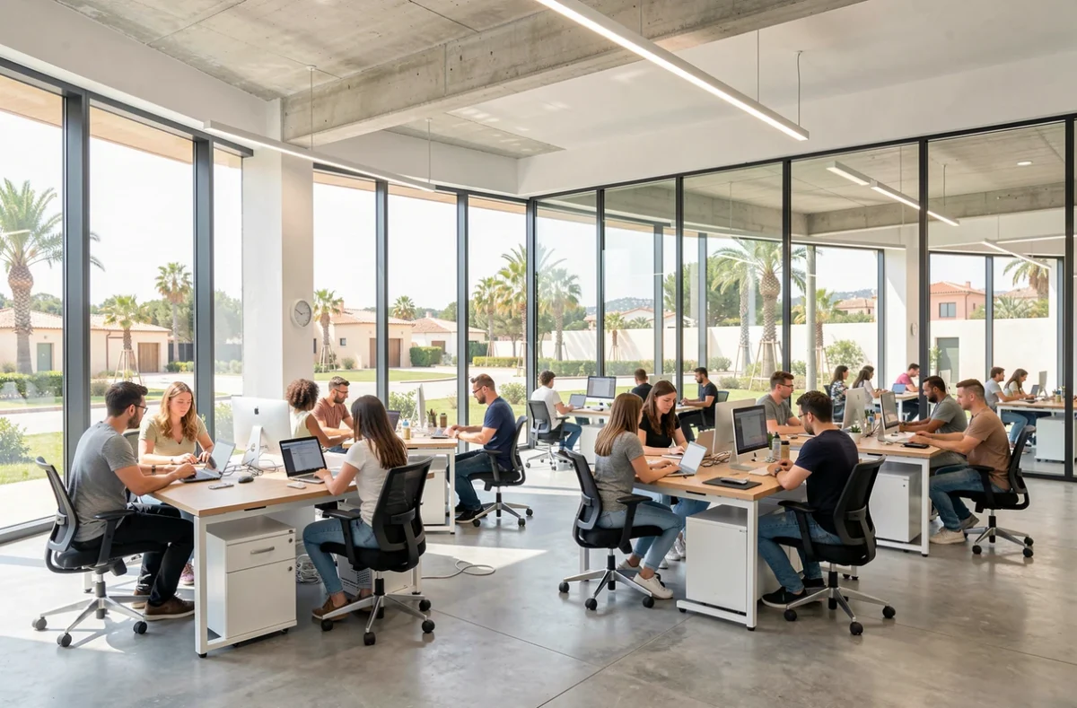 Espace de coworking lumineux avec postes de travail partagés