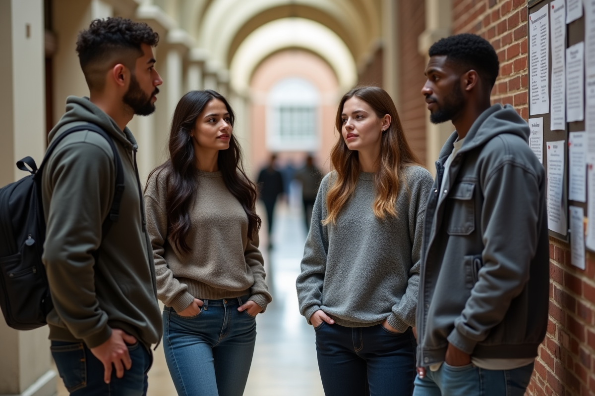 Jeunes discutant dans un couloir universitaire