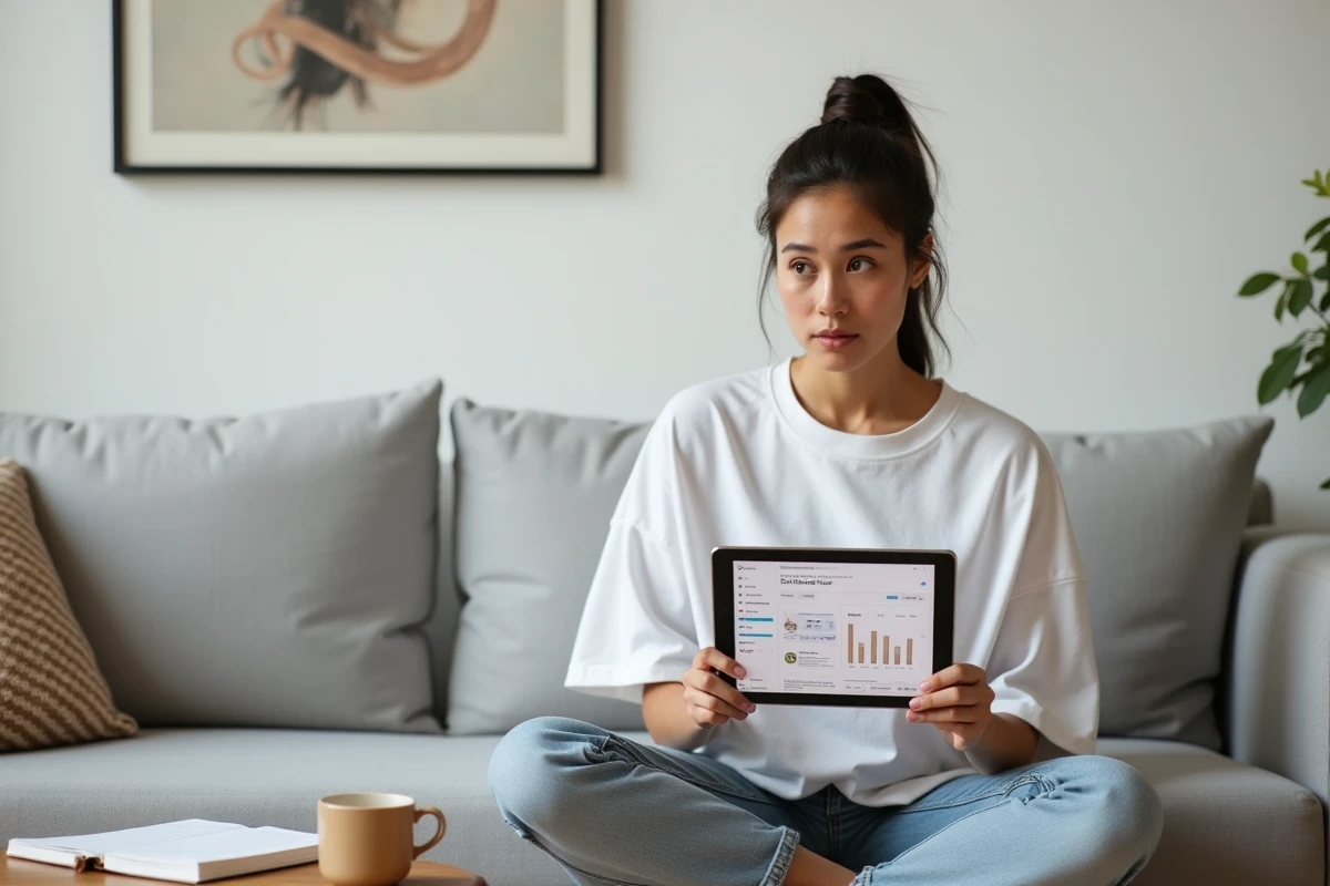 Jeune femme évaluant les performances d'un programme d'affiliation Conversant sur tablette depuis son salon