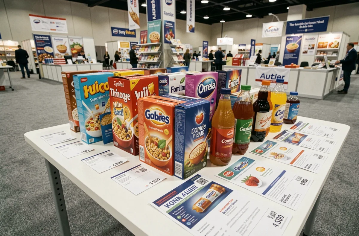 Table d'exposition avec des packagings de marques connues illustrant le marketing mix lors d'un salon commercial