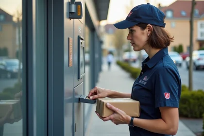 Factrice en uniforme scannant un colis devant un casier moderne à Harnes