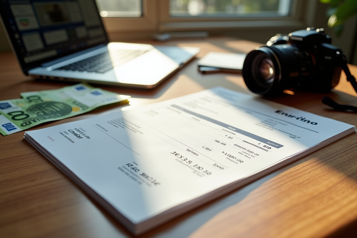 Facture et billets d euros avec appareil photo et ordinateur en travail