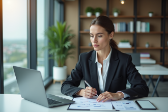 Femme d'affaires analysant des données de conversion au bureau