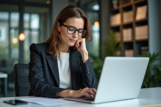 Femme d'affaires en bureau regardant son écran