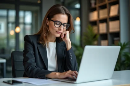 Femme d'affaires en bureau regardant son écran