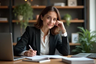 Femme d'affaires en costume prenant des notes dans un bureau