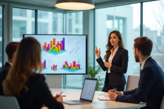 Femme d'affaires confiante présentant un plan marketing coloré