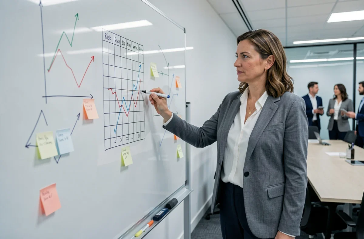 Femme d'affaires présentant une stratégie de gestion des risques financiers devant un tableau blanc en salle de réunion