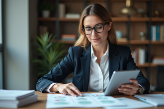 Femme d'affaires concentrée devant un graphique sur le commerce international