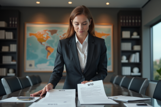 Femme d affaires confiante examinant des documents WTO