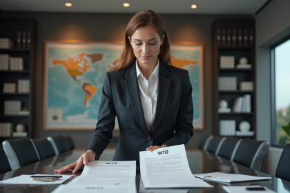 Femme d affaires confiante examinant des documents WTO