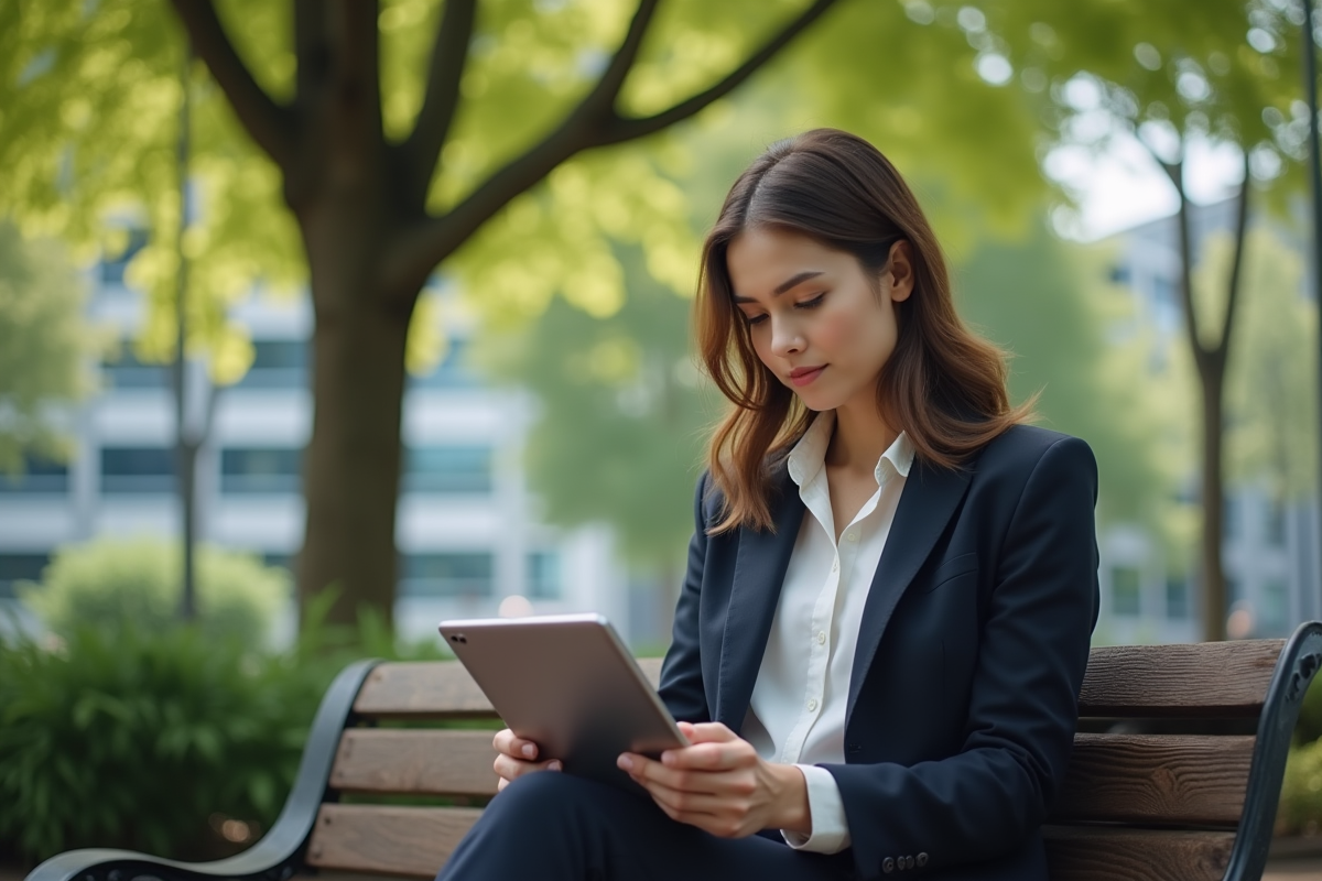 Jeune femme en extérieur analysant des données sur une tablette