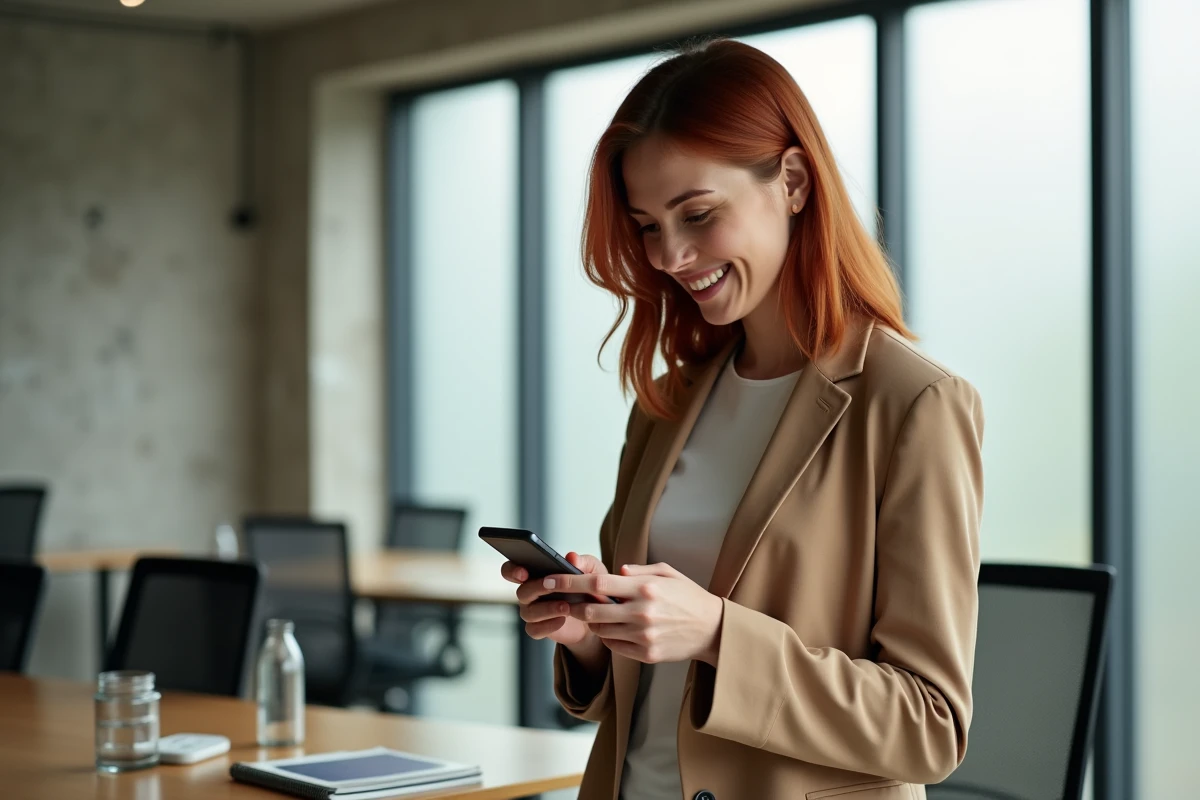 Jeune femme consultant une application de suivi des heures travaillées sur son smartphone dans un espace de coworking