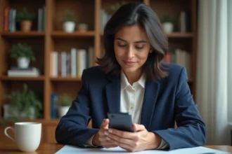 Femme d'affaires consultant son application de transfert d'argent international sur smartphone, avis client INFINITE Remit Services
