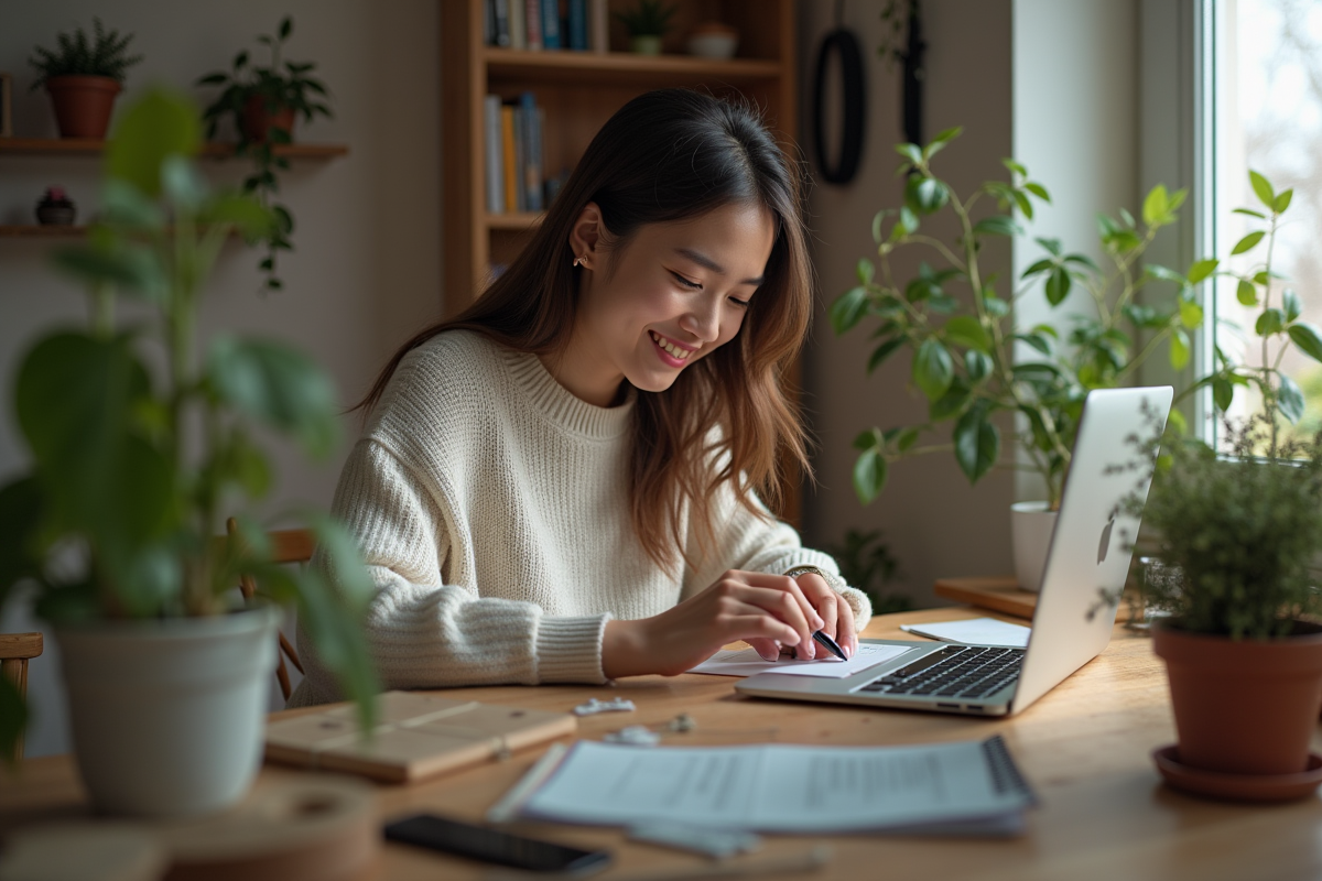 Jeune femme bricolant avec des matériaux recyclés à la maison