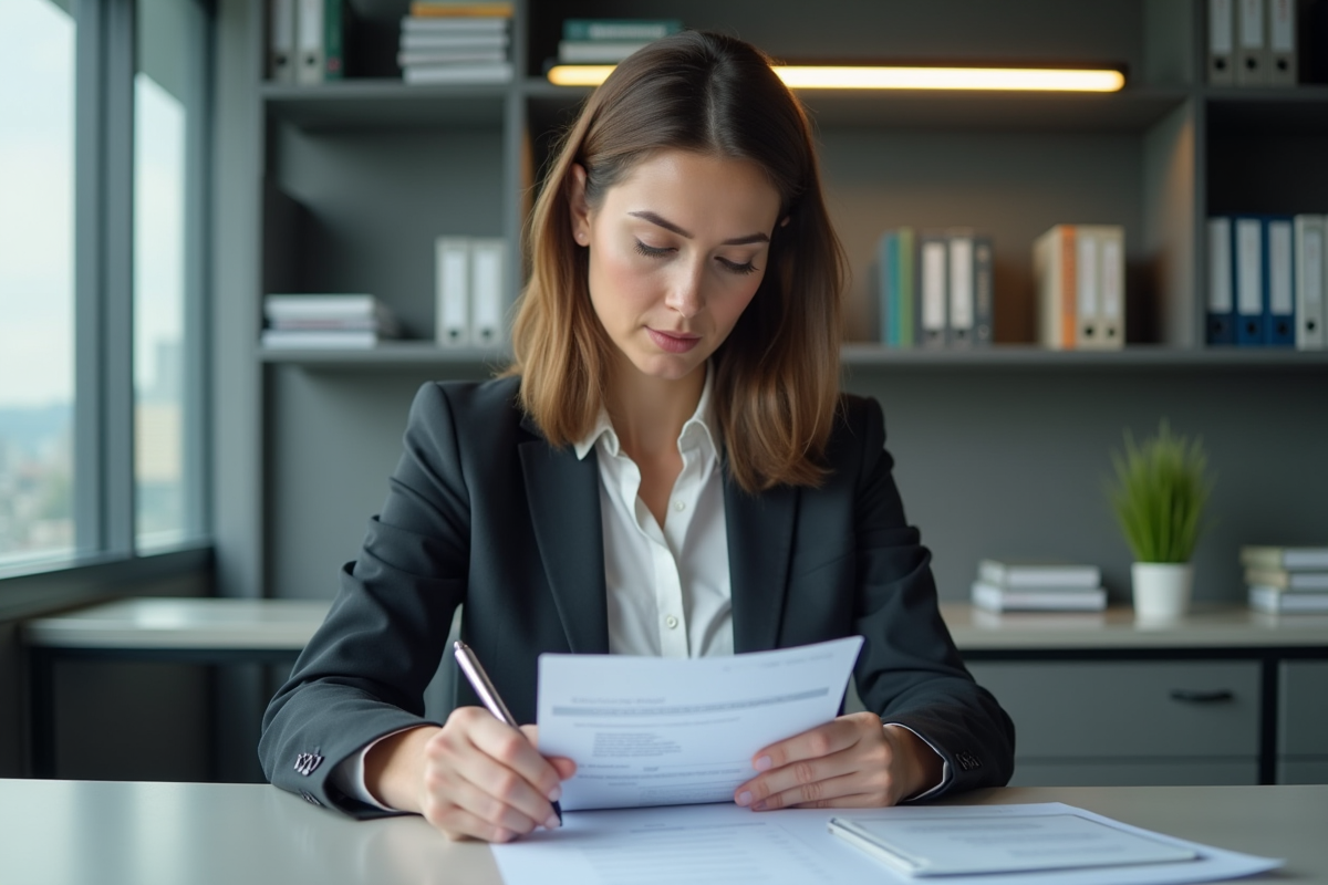 Femme en costume vérifiant un audit au bureau