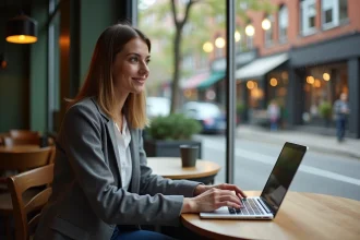 Jeune femme au café travaillant sur son ordinateur en ville