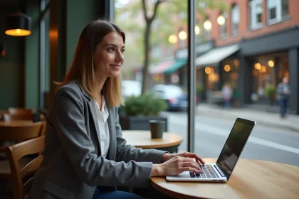 Jeune femme au café travaillant sur son ordinateur en ville
