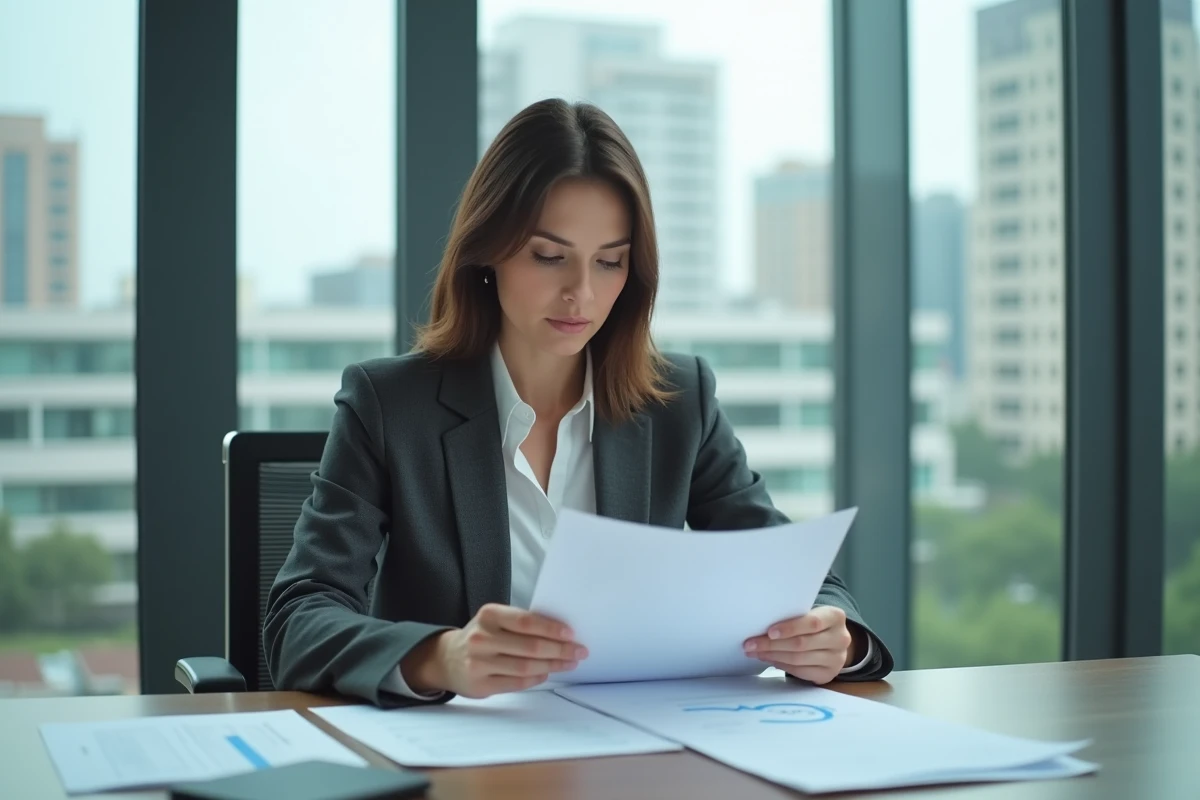 Femme d affaires examinant des documents dans un bureau moderne