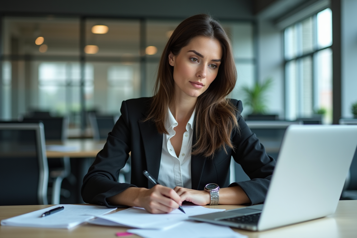 Femme en bureau rédigeant une lettre en toute concentration
