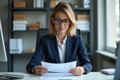 Femme daffaires examine une facture dans un bureau moderne