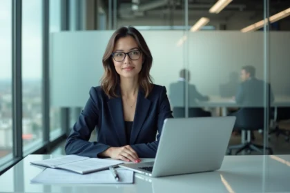 Femme professionnelle au bureau avec ordinateur et documents
