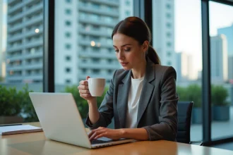 Femme en tenue casual travaillant au bureau avec ordinateur et café