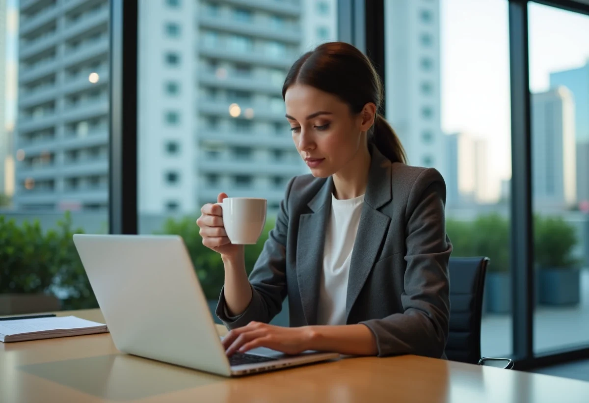 Femme en tenue casual travaillant au bureau avec ordinateur et café