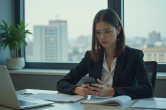 Femme professionnelle au bureau avec smartphone et documents