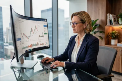 Femme cadre dirigeante analysant des graphiques de trésorerie sur un écran dans un bureau moderne - magazine digital de gestion financière