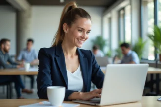 Femme cadre utilisant une plateforme de gestion de bureau sur son ordinateur portable dans un open space moderne