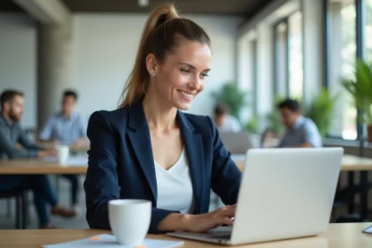 Femme cadre utilisant une plateforme de gestion de bureau sur son ordinateur portable dans un open space moderne