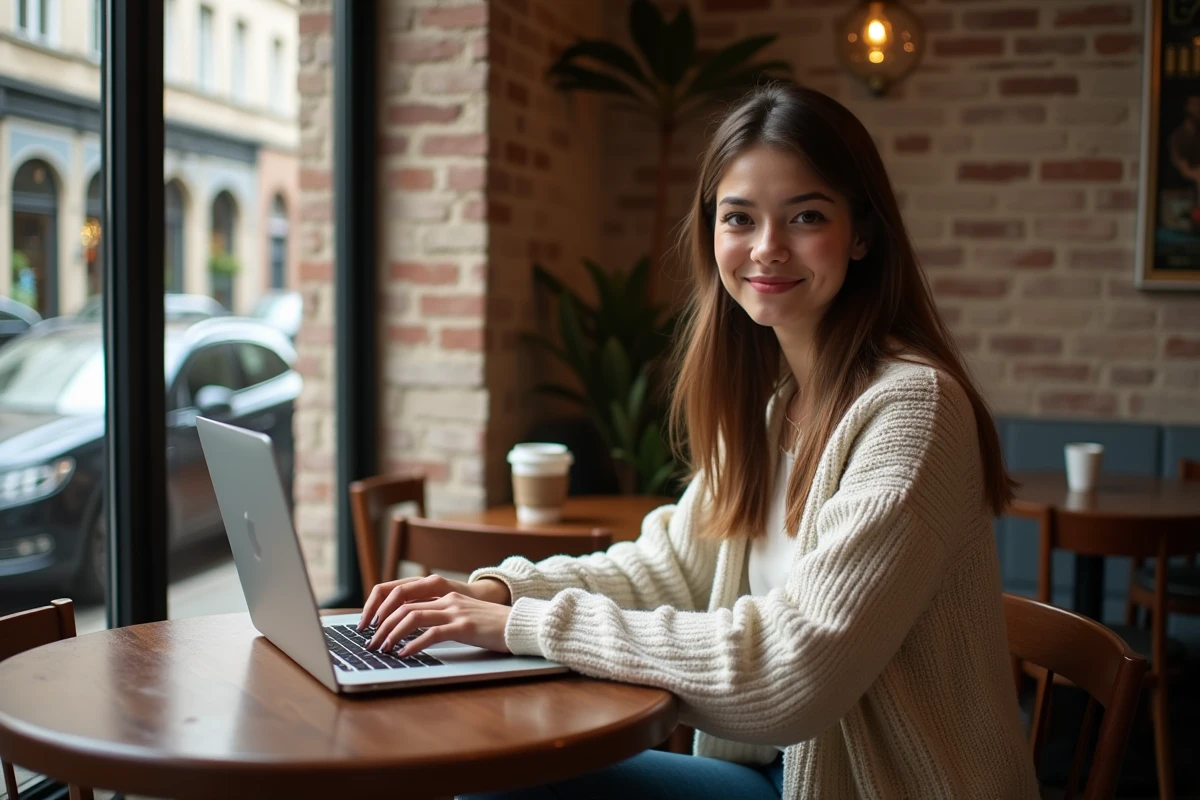 Jeune femme travaillant sur son ordinateur dans un café parisien