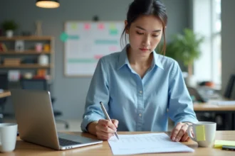 Femme au bureau en train de vérifier ses heures de travail sur une feuille de temps imprimée