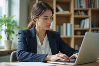 Femme comparant deux portails d'épargne sur son ordinateur portable dans un bureau à domicile moderne