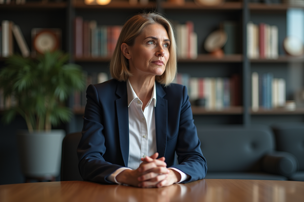 Femme en blazer navy lors d'une réunion de travail