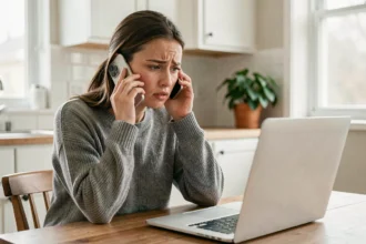 Jeune femme contactant le service client par téléphone suite à un problème de livraison, assise à une table de cuisine avec son ordinateur portable affichant une notification de colis