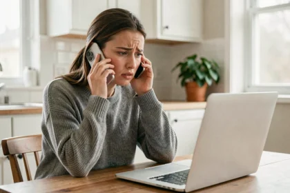 Jeune femme contactant le service client par téléphone suite à un problème de livraison, assise à une table de cuisine avec son ordinateur portable affichant une notification de colis